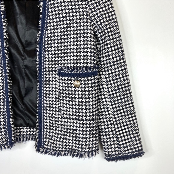 Zara NWOT black white & navy blue houndstooth textured tweed blazer jacket - Picture 5 of 9